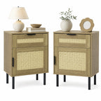 Rattan Nightstand Set of 2 with Drawer and Storage Cabinet
