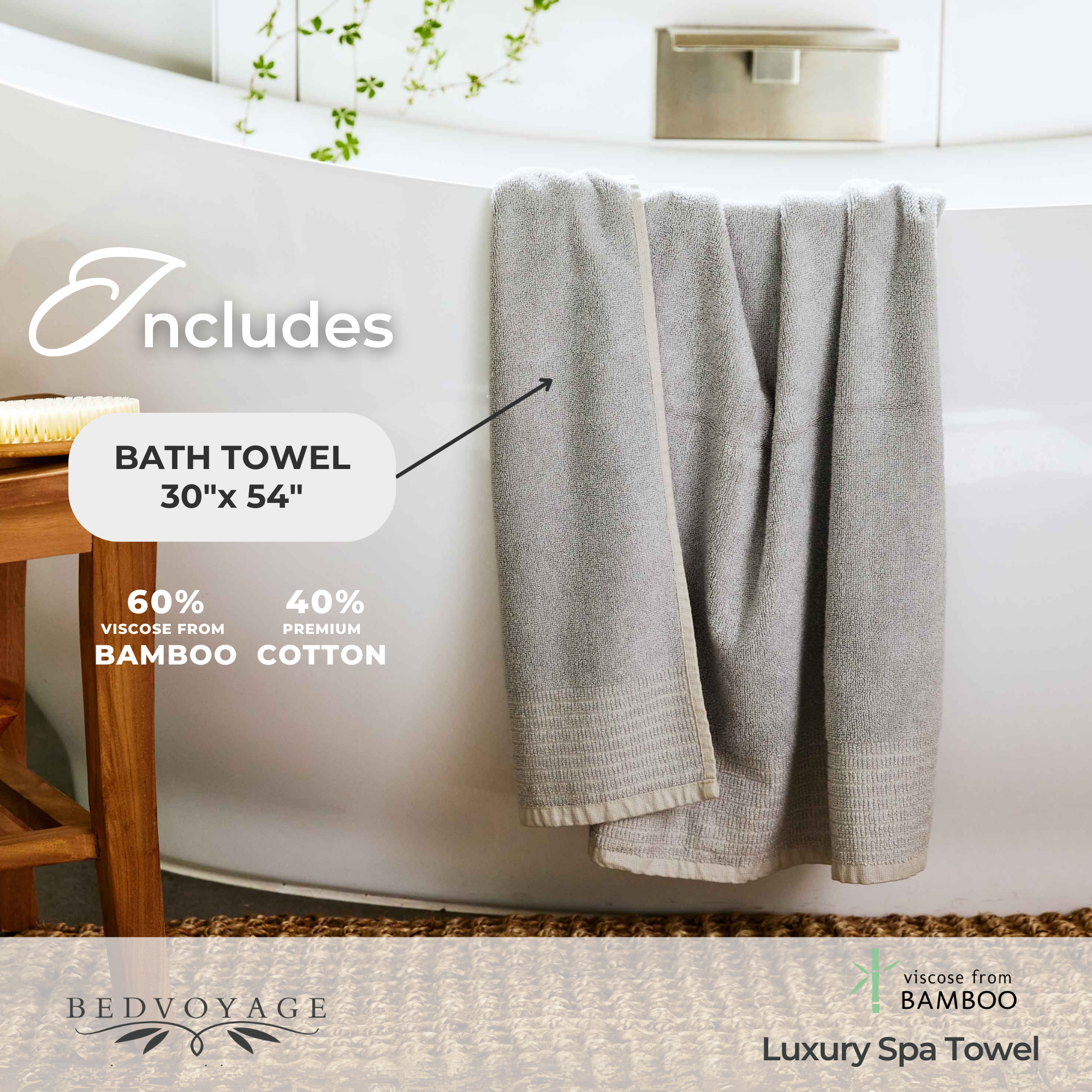 Bamboo Cotton Spa Towel Set - Viscose from Bamboo + Cotton - 6pc Set - Stone