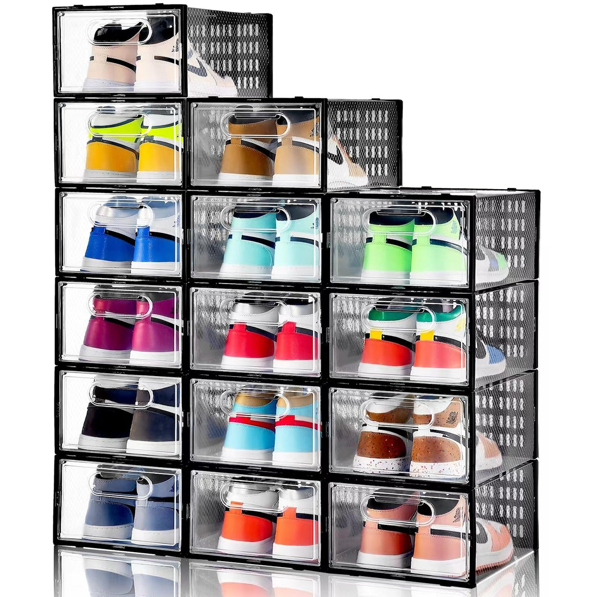 Stackable clear plastic shoe boxes with magnetic door