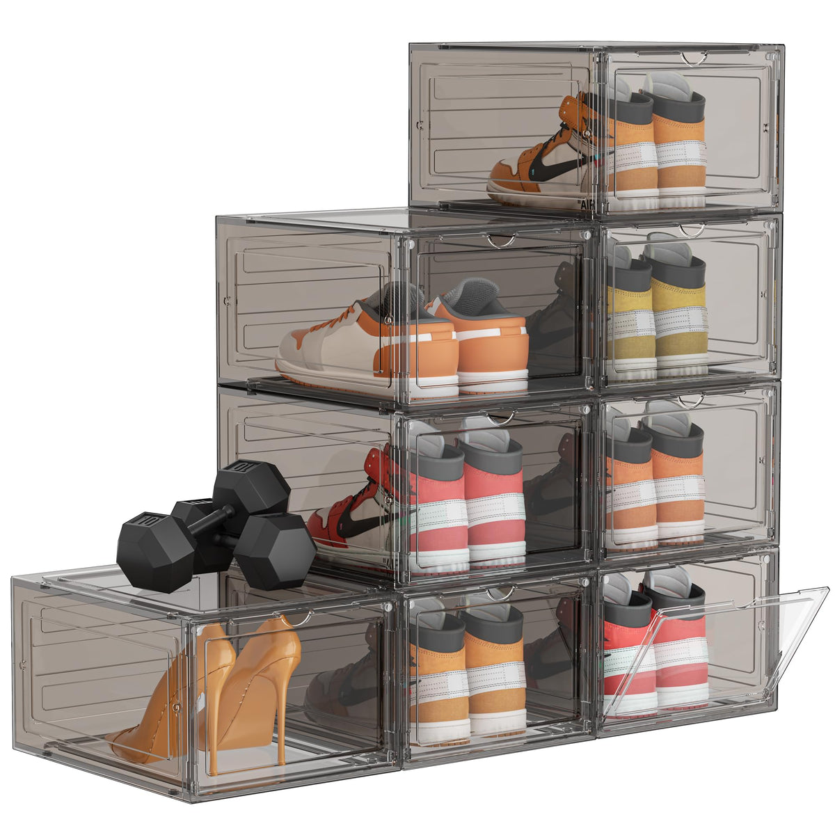Stackable hard plastic shoe boxes for closet