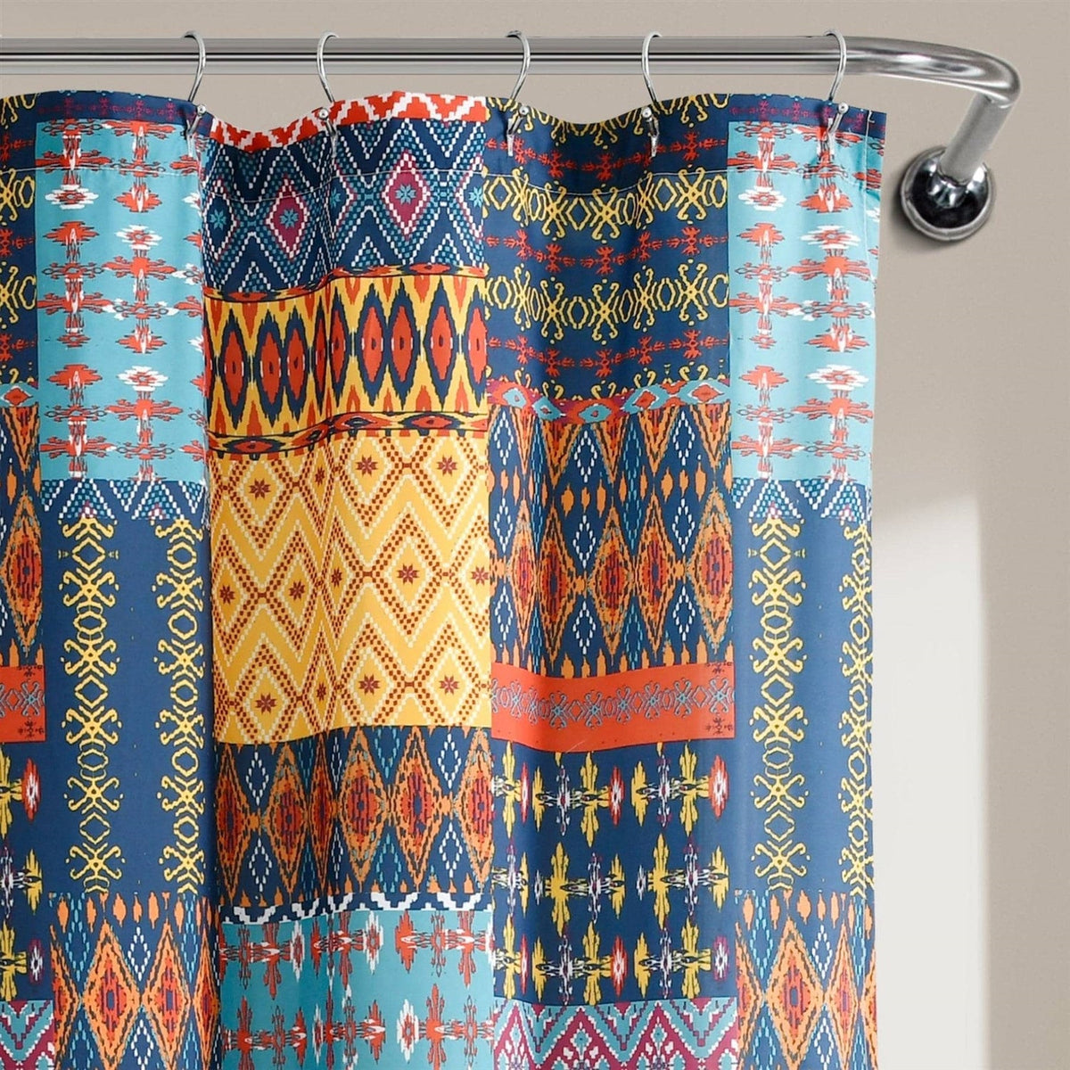 72-inch Navy Blue Orange Yellow Teal Boho Patchwork Polyester Shower Curtain