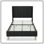 Twin size Mid-Century Black Linen Platform Bed Frame with Upholstered Headboard