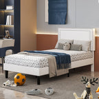 Set of 2 - Twin size White Tufted Upholstered Platform Bed Frame with Headboard