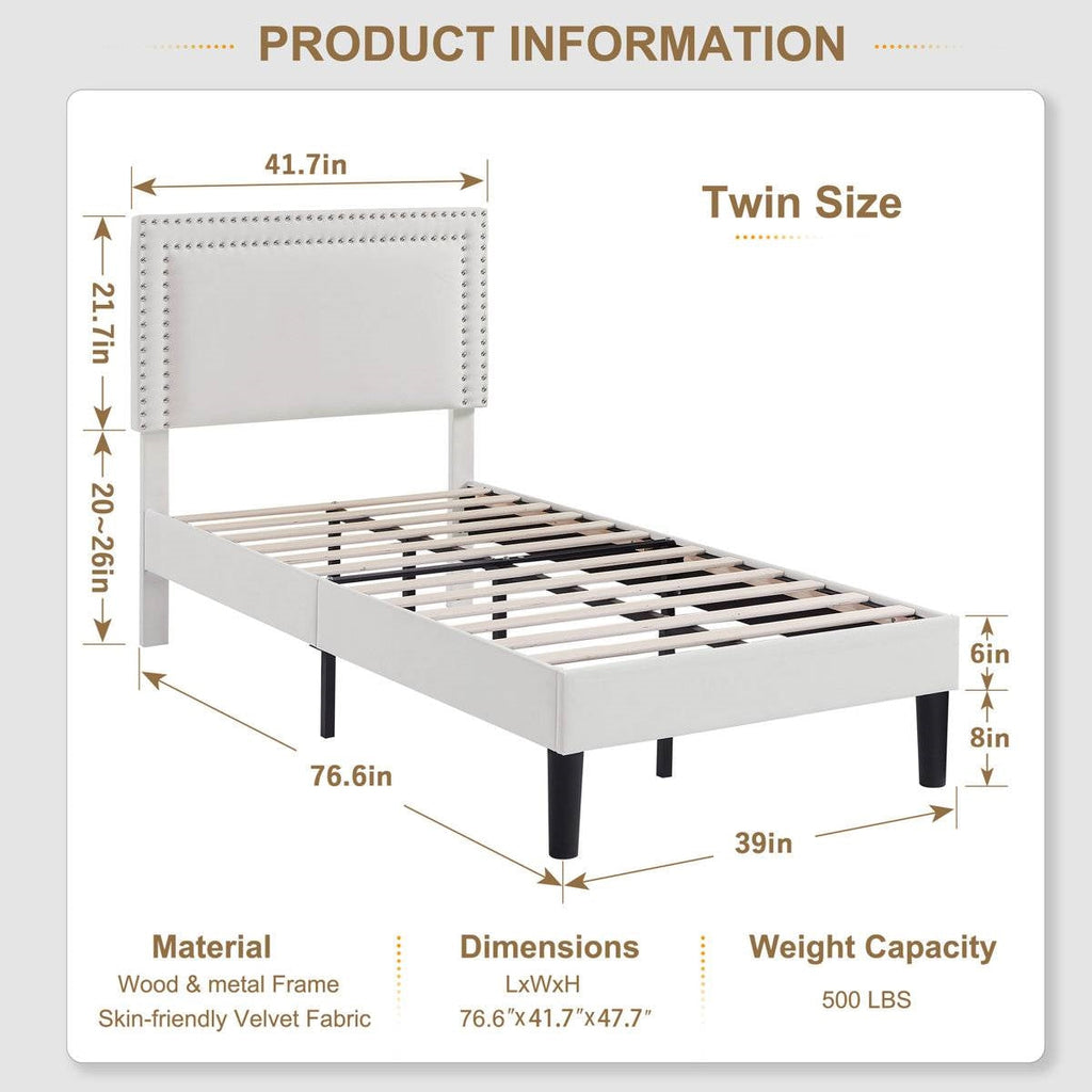 Set of 2 - Twin size White Tufted Upholstered Platform Bed Frame with Headboard
