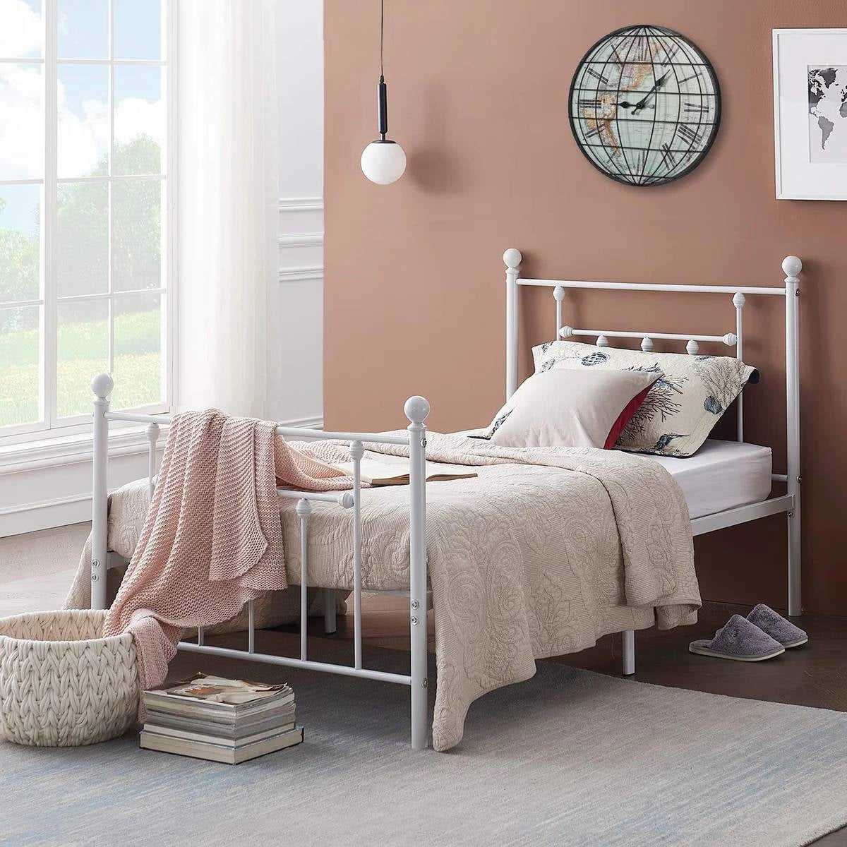 Twin Victorian Style White Metal Platform Bed Frame with Headboard Footboard