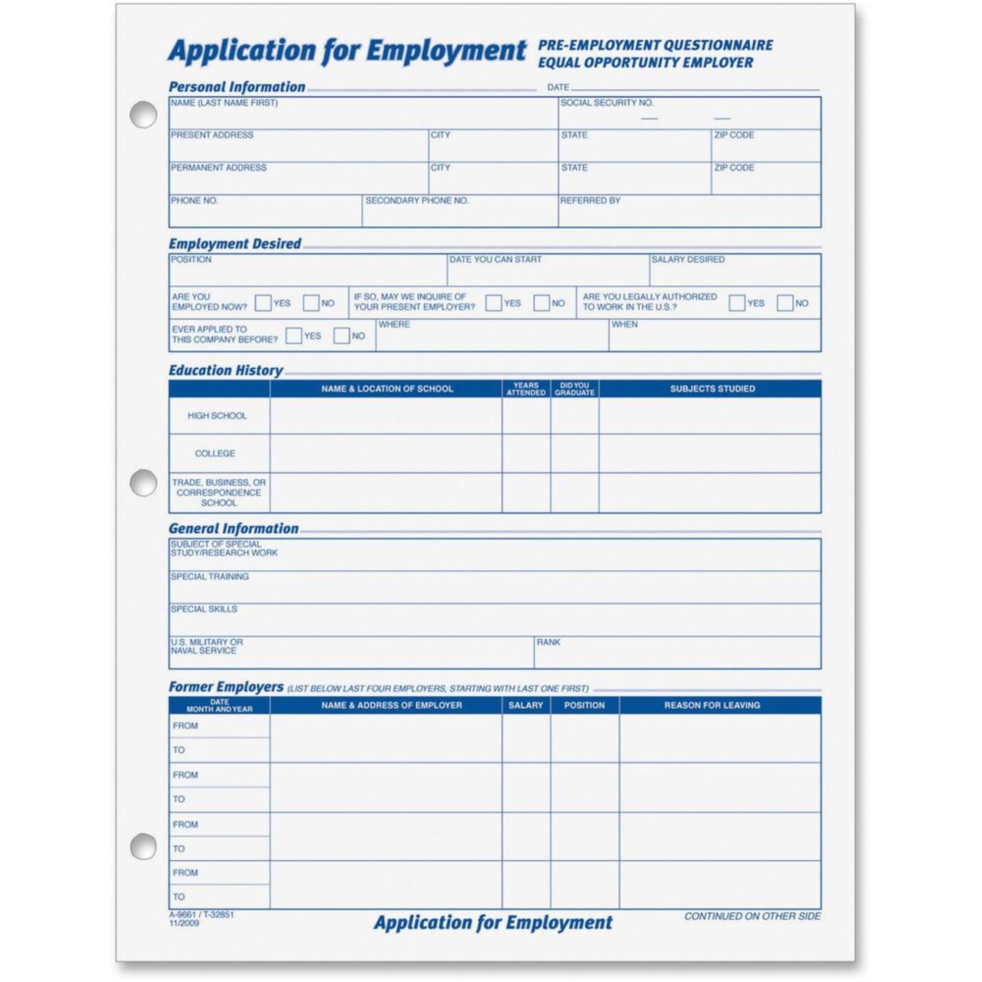 Tops Employment Application Forms - 50 Sheet(S) - Gummed - 8.50 X 11 Sheet Size - White - White Sheet(S) - Black Print Color - 2