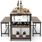Modern Industrial 3-Piece Metal Wood Dining Set with 2 Benches and Wine Rack