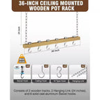 Ceiling Mounted 36-inch Wooden Pot Rack with 4 Pan Hanging Hooks and 2 Swivel Hooks