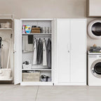 White Metal Locking Wardrobe Armoire Cabinet with Clothing Hanging Rod
