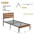 Twin Industrial Platform Bed Frame with Brown Wood Slatted Headboard Footboard