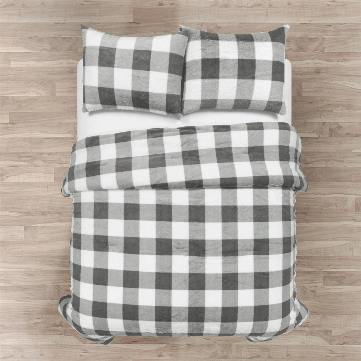 Twin Size Plaid Soft Faux Fur Comforter Set in Black White Grey