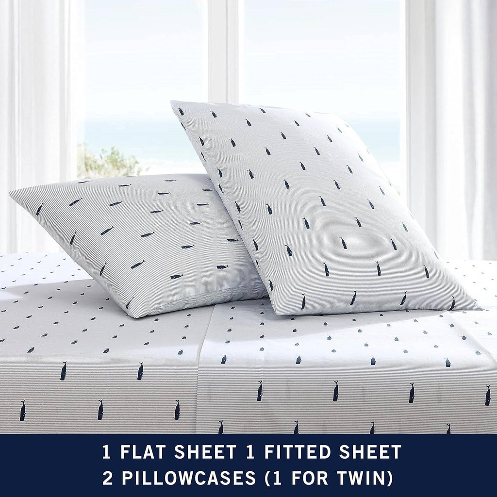 Twin size Coastal Beach 100-Percent Cotton Navy Blue White Stripe Sheet Set