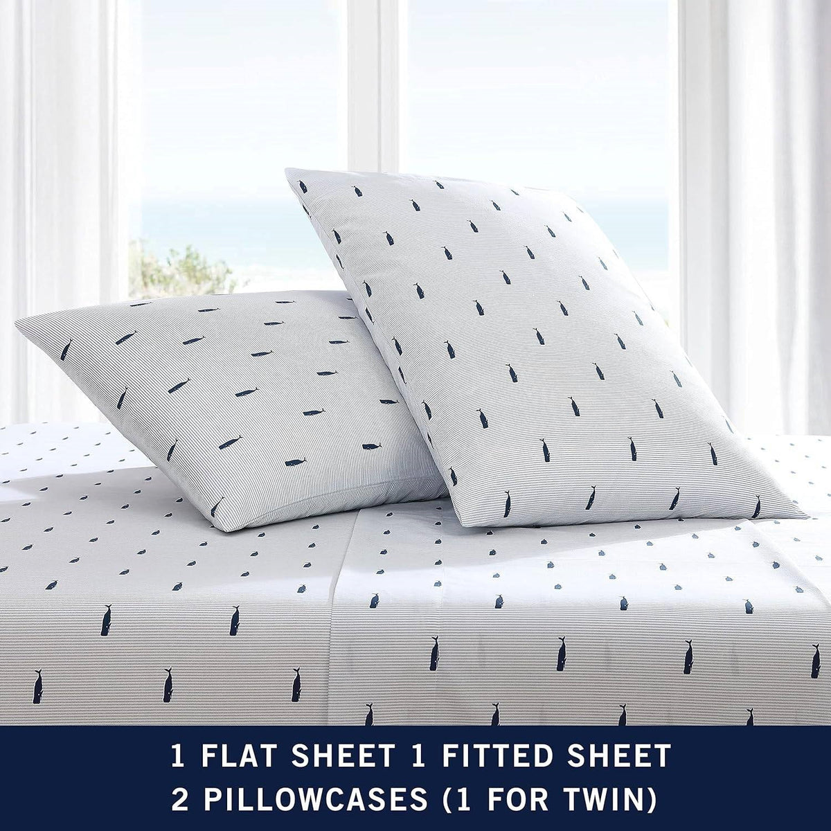 Twin XL size Coastal Beach 100-Percent Cotton Navy Blue White Stripe Sheet Set