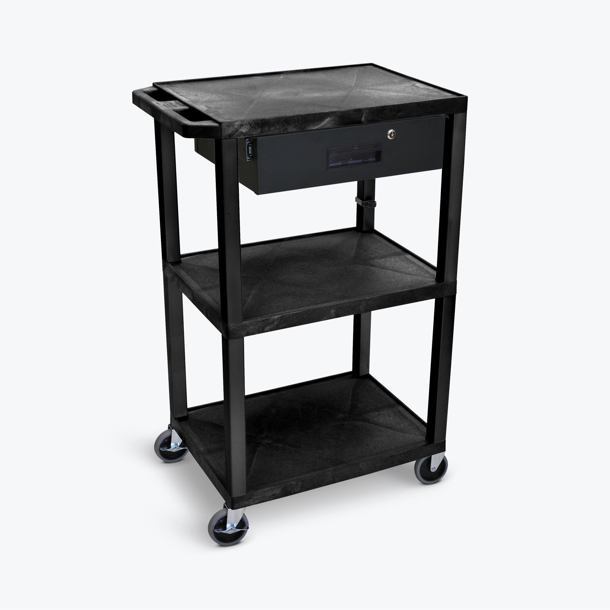 42''H 3-Shelf Utility Cart - Drawer, Black