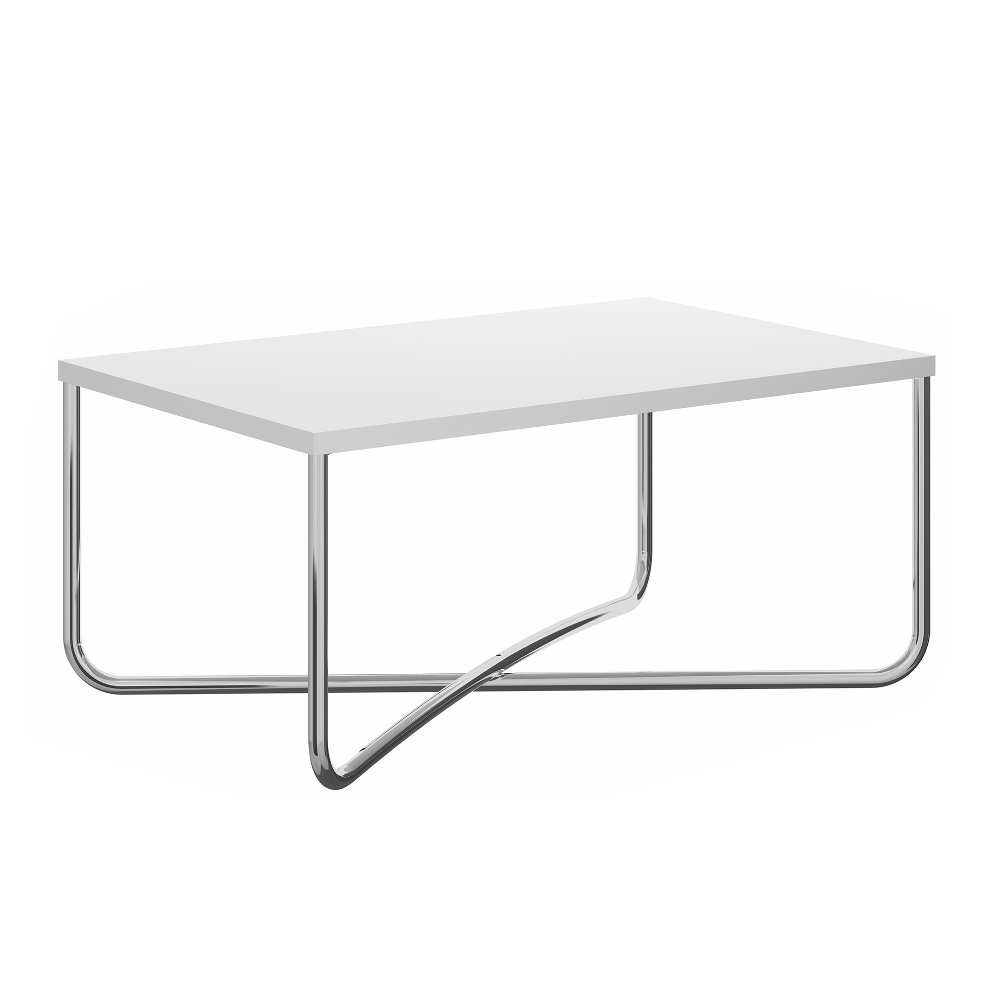 Coffee Table with Rectangular Top and X Base, White and Chrome