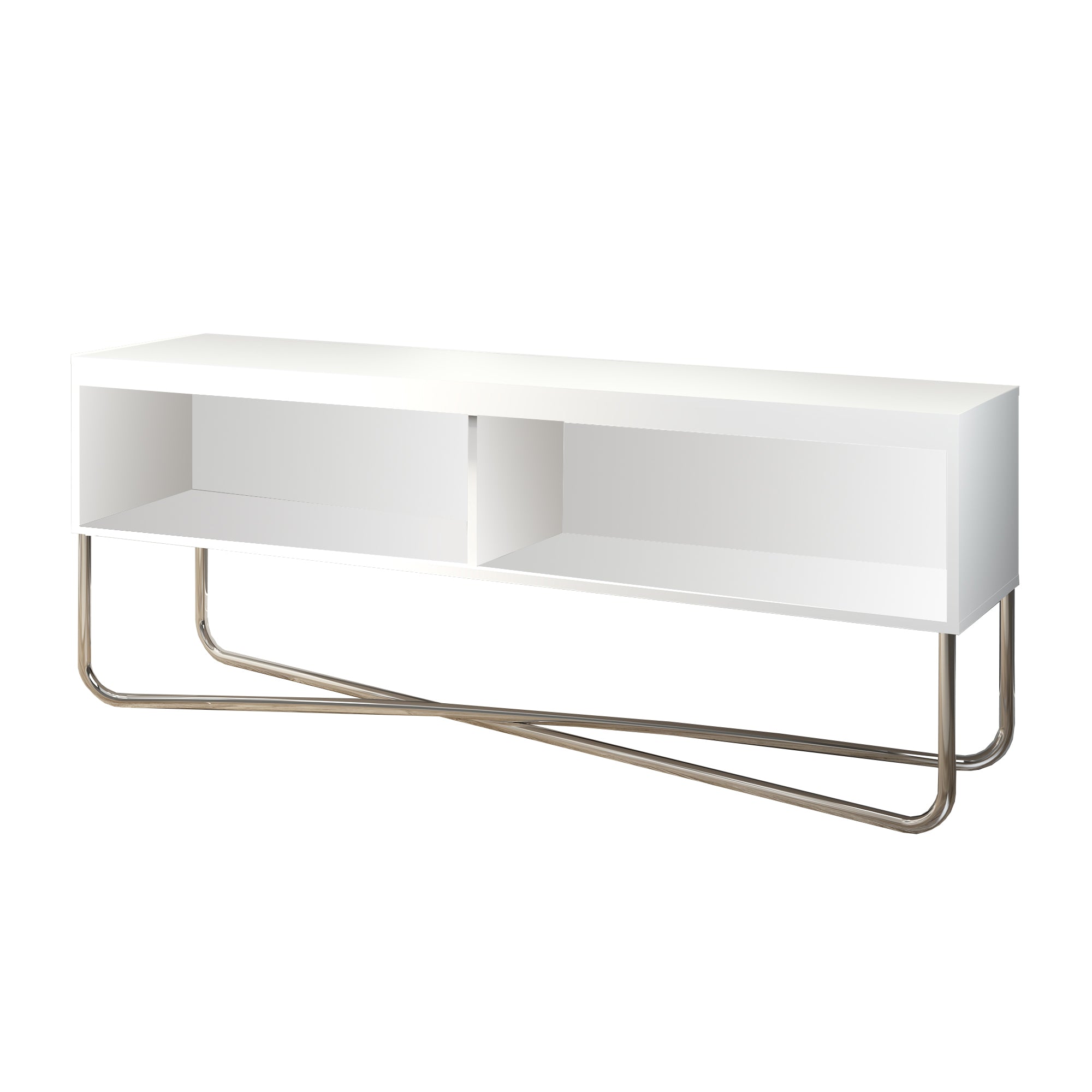 53 Inch TV Stand with 2 Open Compartments and Tubular Metal Frame, White and Chrome