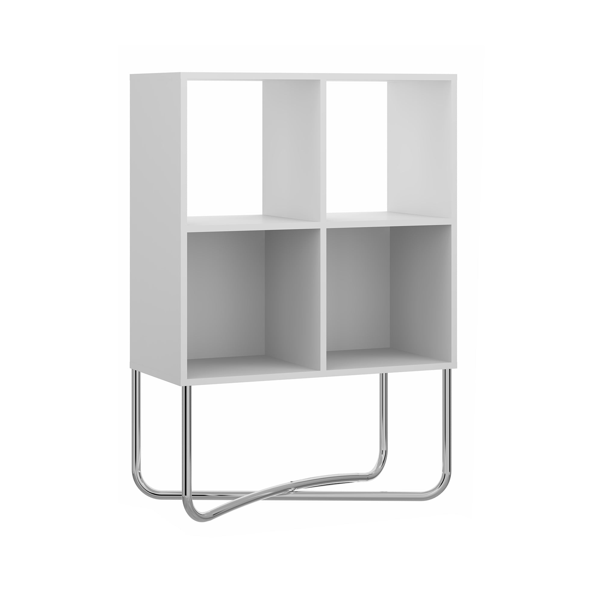 Multipurpose Storage Shelf with 4 Open Compartments, White and Chrome