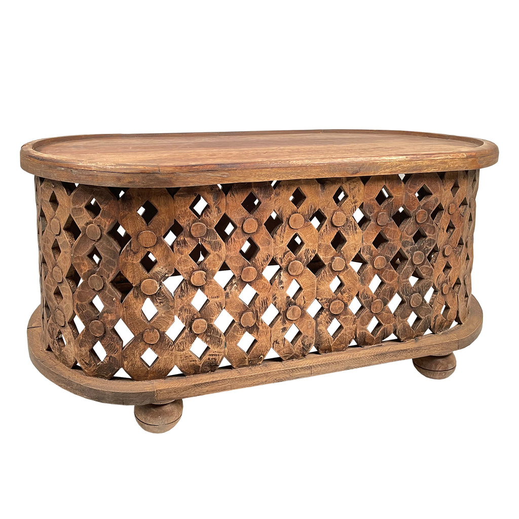 36 Inch Oval Farmhouse Coffee Table with Intricate Cut Out Design, Antique Brown