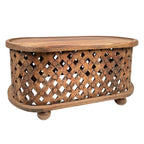 36 Inch Oval Farmhouse Coffee Table with Intricate Cut Out Design, Antique Brown