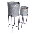 Galvanized Plant Stand with Corrugated Design and Metal Frame, Set of 2, Antique Silver