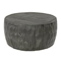 33 Inch Mango Wood Round Drum Coffee Table with Geometric Carved Pattern, Gray