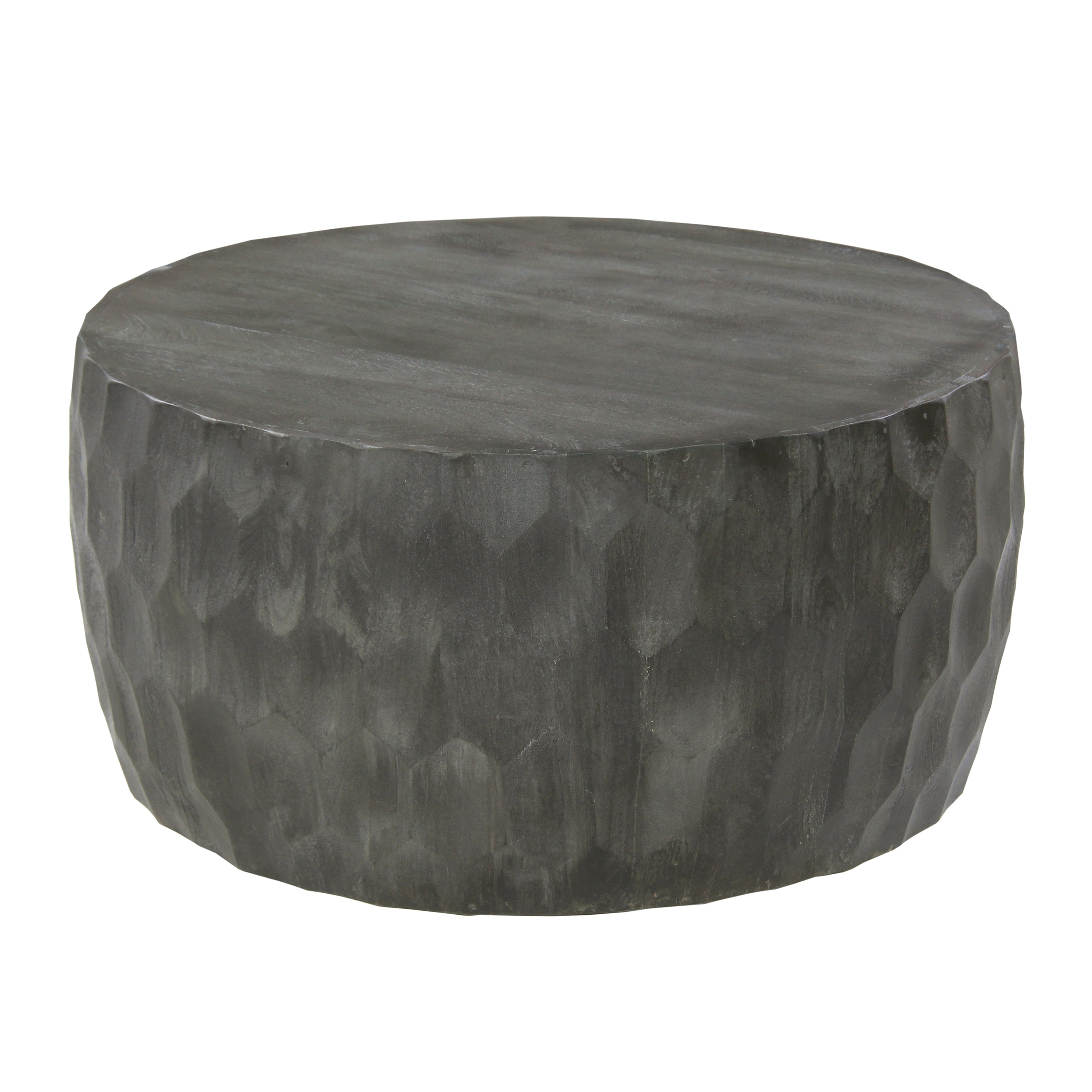33 Inch Mango Wood Round Drum Coffee Table with Geometric Carved Pattern, Gray
