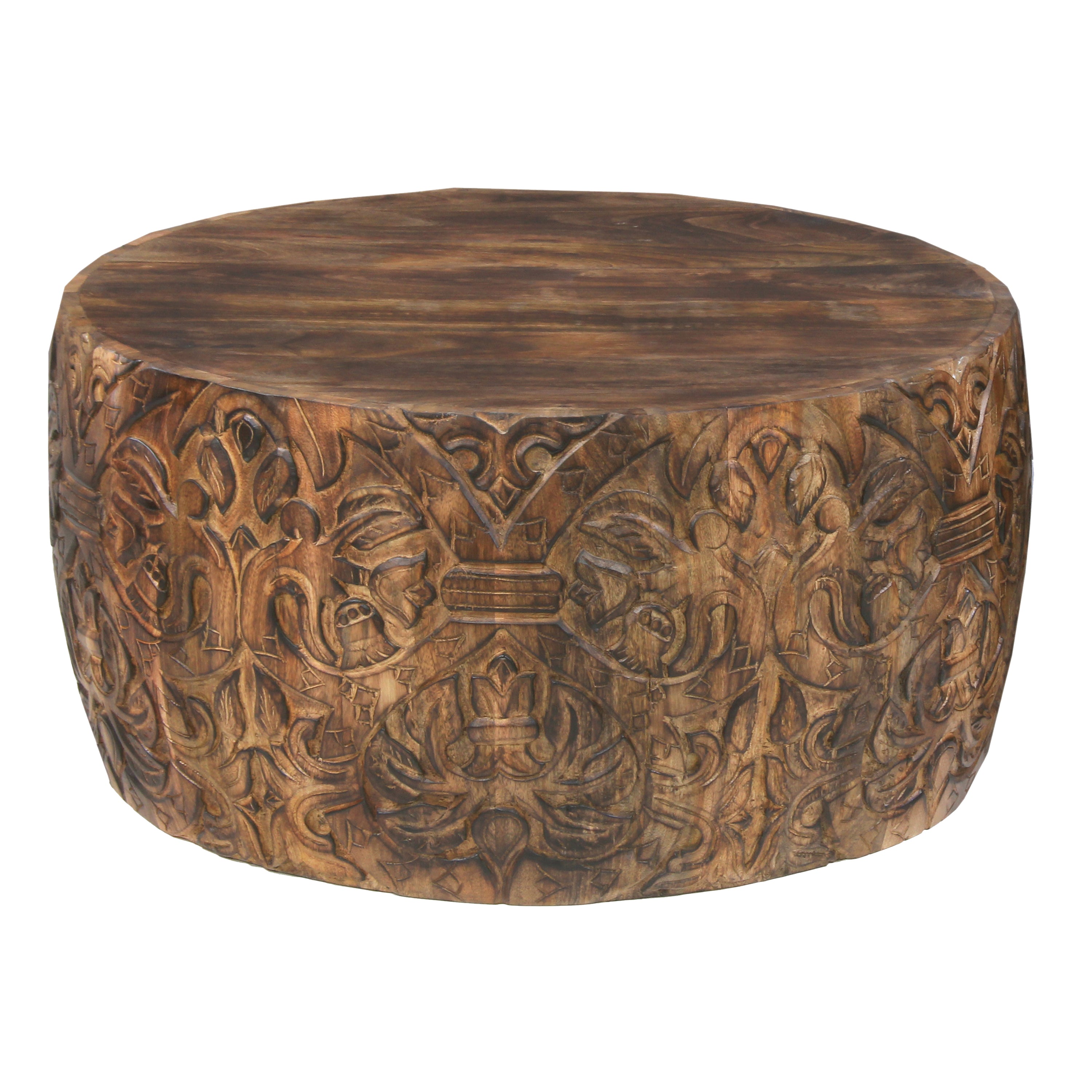 33 Inch Round Coffee Table with Damask Carved Pattern and Wooden Frame, Walnut Brown