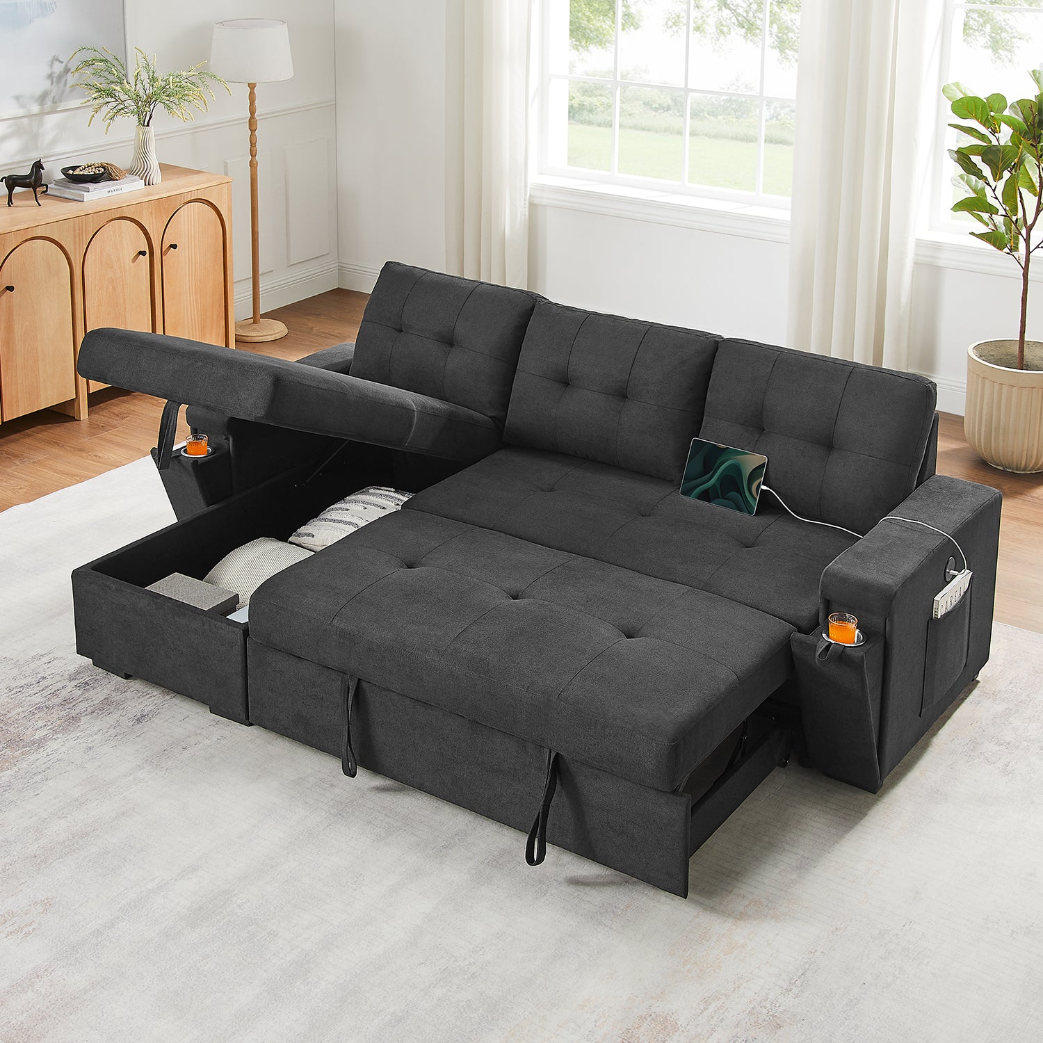 Toby 95W Black Woven Fabric Reversible Sleeper Sectional Sofa with Storage Chaise, Pocket Coil Seating, Hidden Cup Holders, USB/