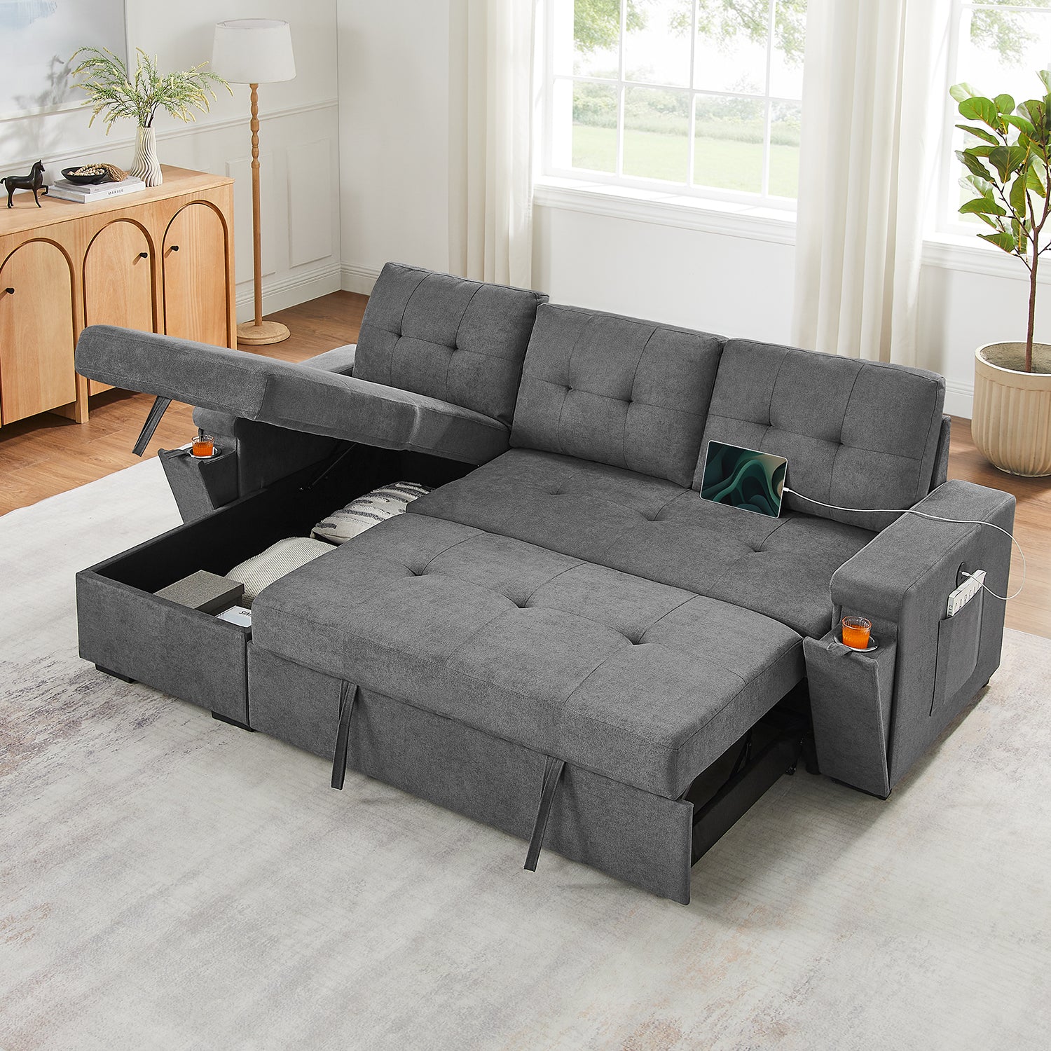Toby 95W Gray Woven Fabric Reversible Sleeper Sectional Sofa with Storage Chaise, Pocket Coil Seating, Hidden Cup Holders, USB/U