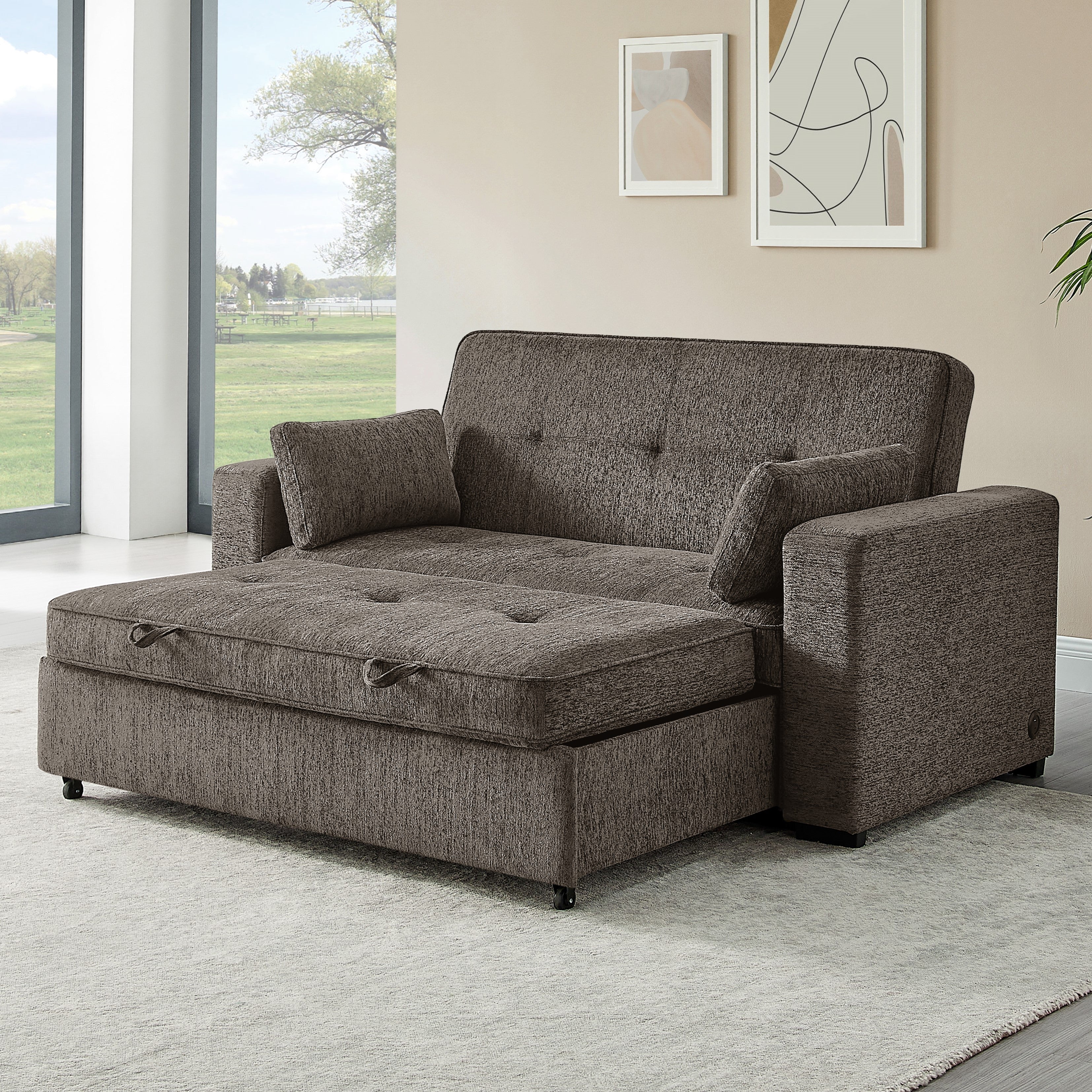 Arnold 75 Ash Brown Chenille Convertible Sofa Sleeper with Memory Foam, USB A & C Charging Ports, Throw Pillows