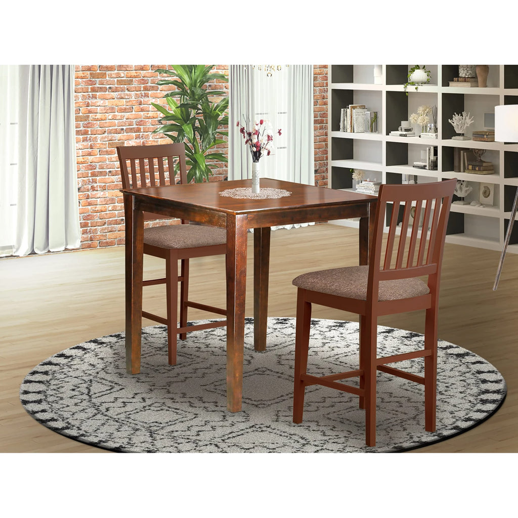 East West Furniture Vernon 3 Piece Counter Height Pub Set for Small Spaces Contains a Square Dining Room Table and 2 Linen Fabric Upholstered Chairs, 36x36 Inch, VERN3-MAH-C