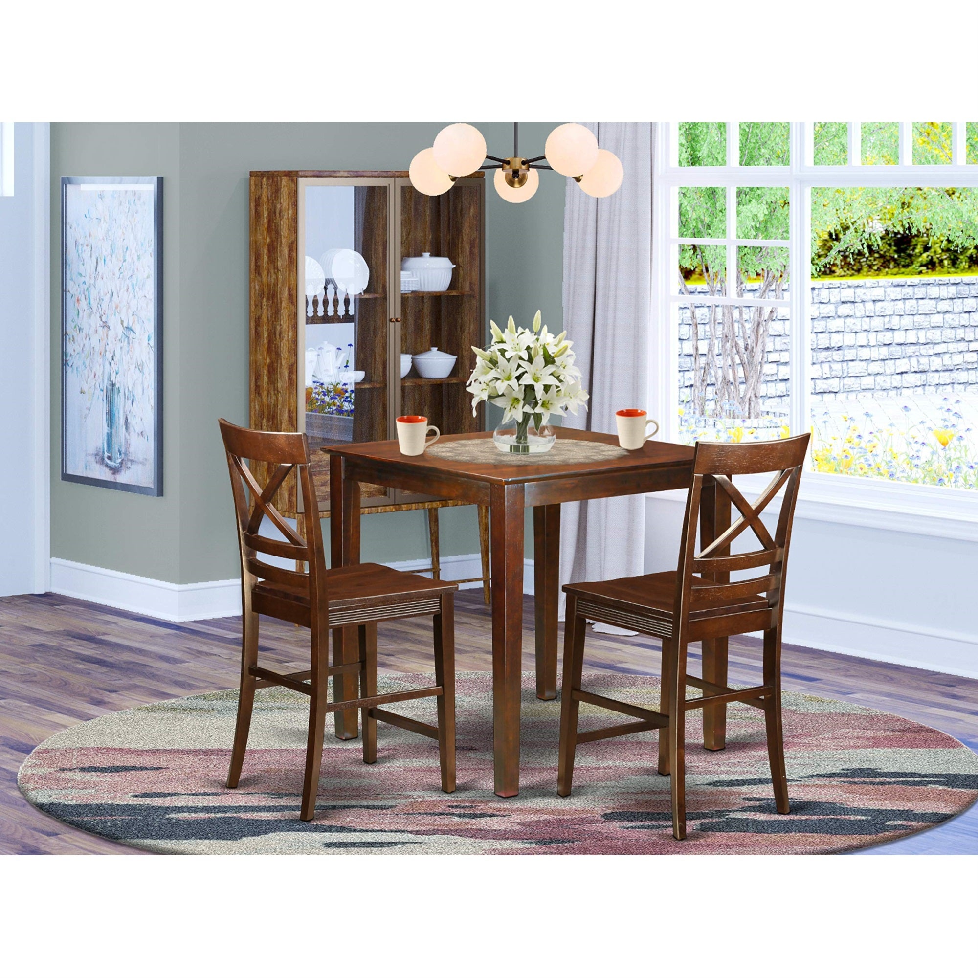 East West Furniture VNQU3-MAH-W 3 Piece Counter Height Pub Set for Small Spaces Contains a Square Dining Room Table and 2 Kitchen Chairs, 36x36 Inch, Mahogany