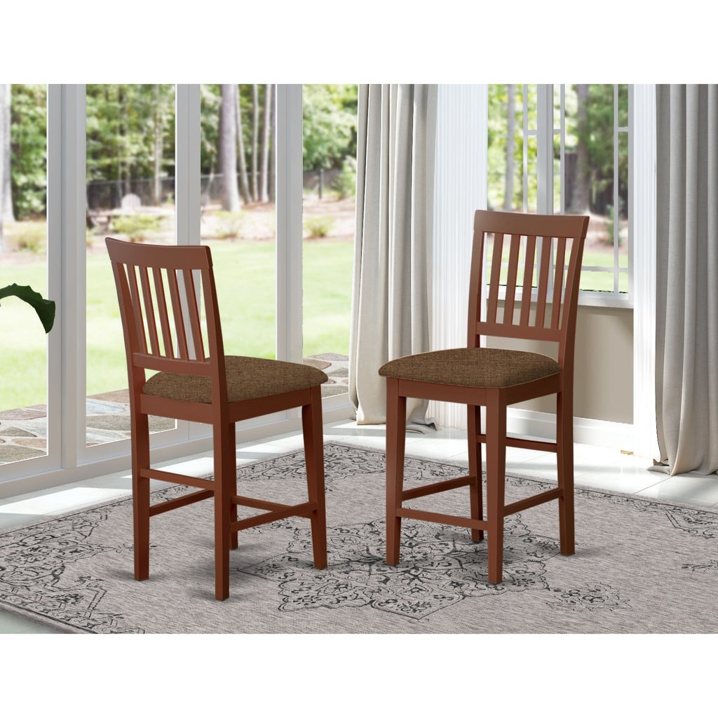 East West Furniture Vernon Counter Stool-Linen Fabric Pub Height Wooden Chairs, Set of 2, Mahogany
