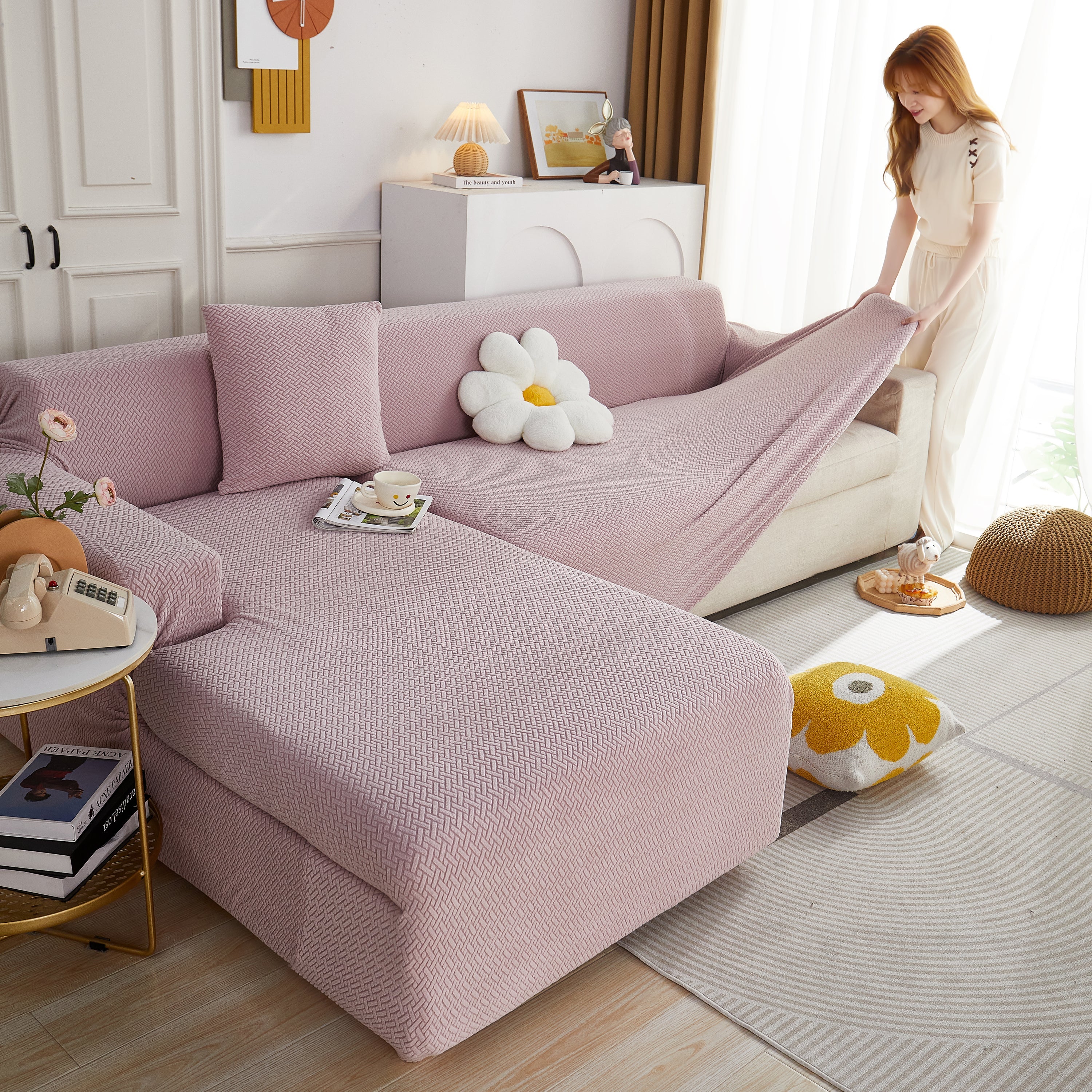 L Shape Couch Covers Stretch Slipcovers Furniture Protector with 1pcs Free Pillowcases