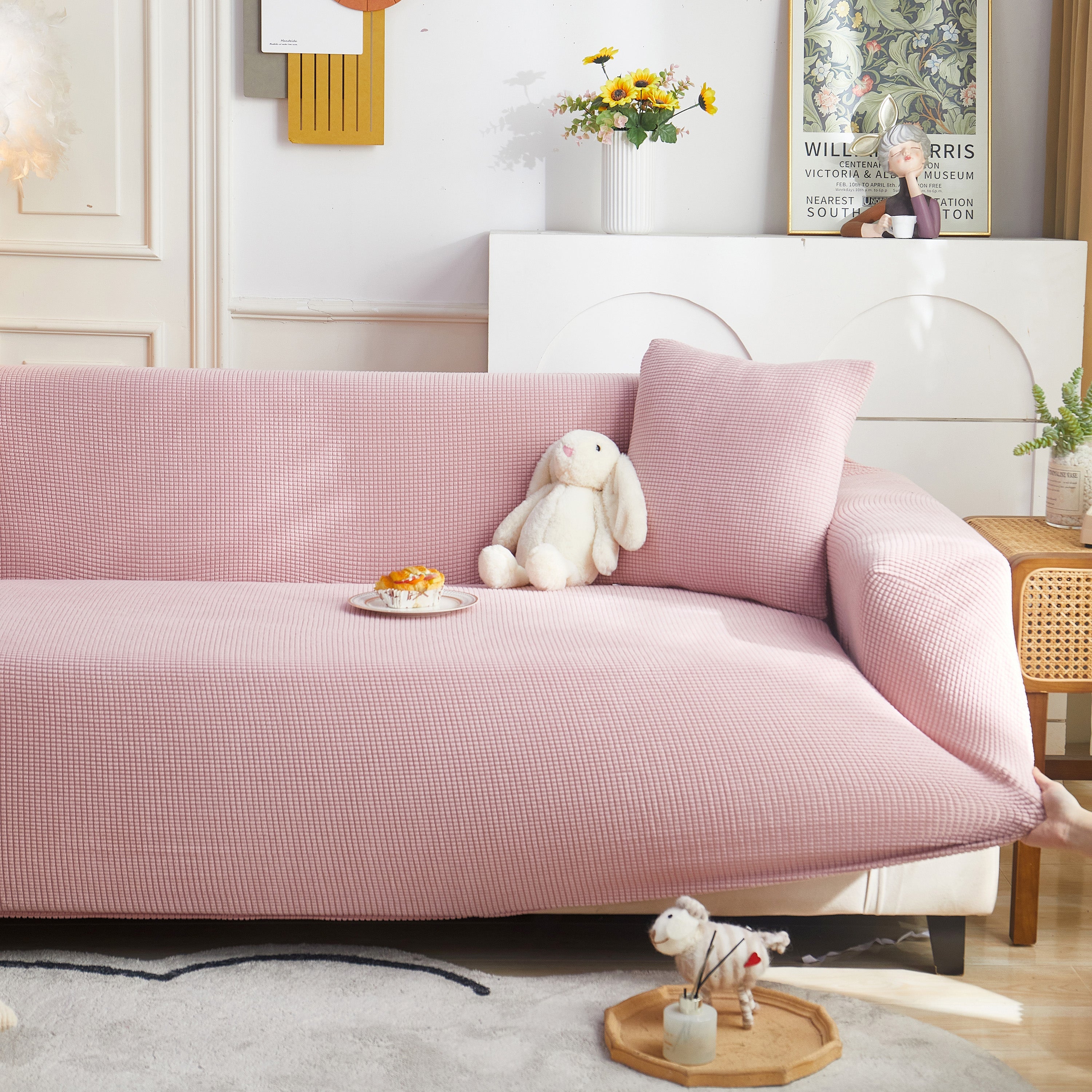 Grid Textured Stretch Sofa Cover, Soft Elastic Slipcover for Couch Protection
