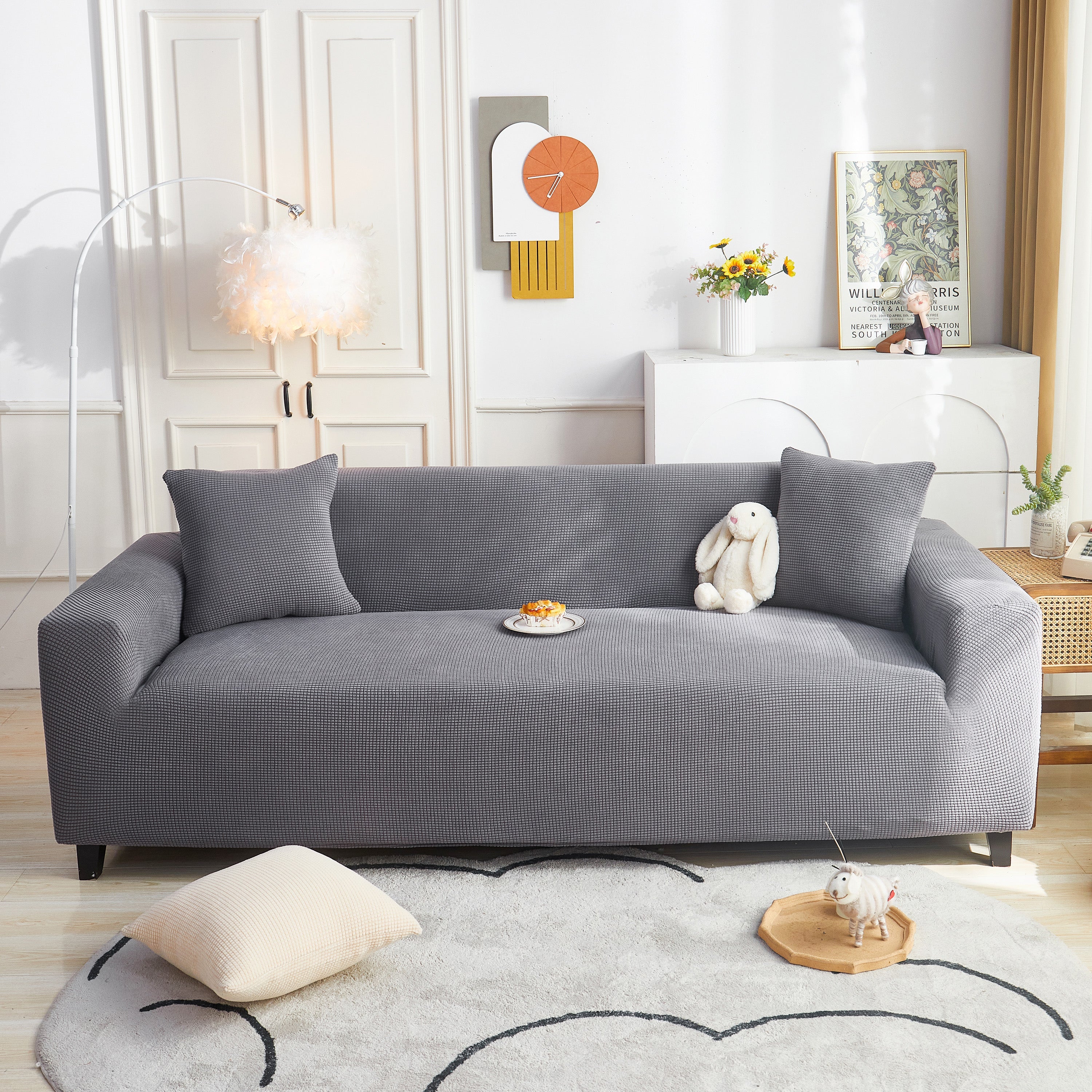 Grid Textured Stretch Sofa Cover, Soft Elastic Slipcover for Couch Protection