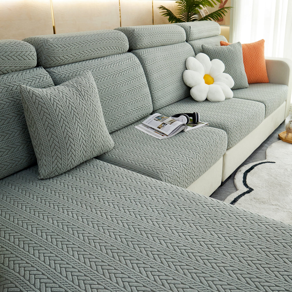 Stretchable Jacquard Polar Fleece Sofa Cover Non-Slip Furniture Protector for Pets L-Shaped Couch Slipcovers
