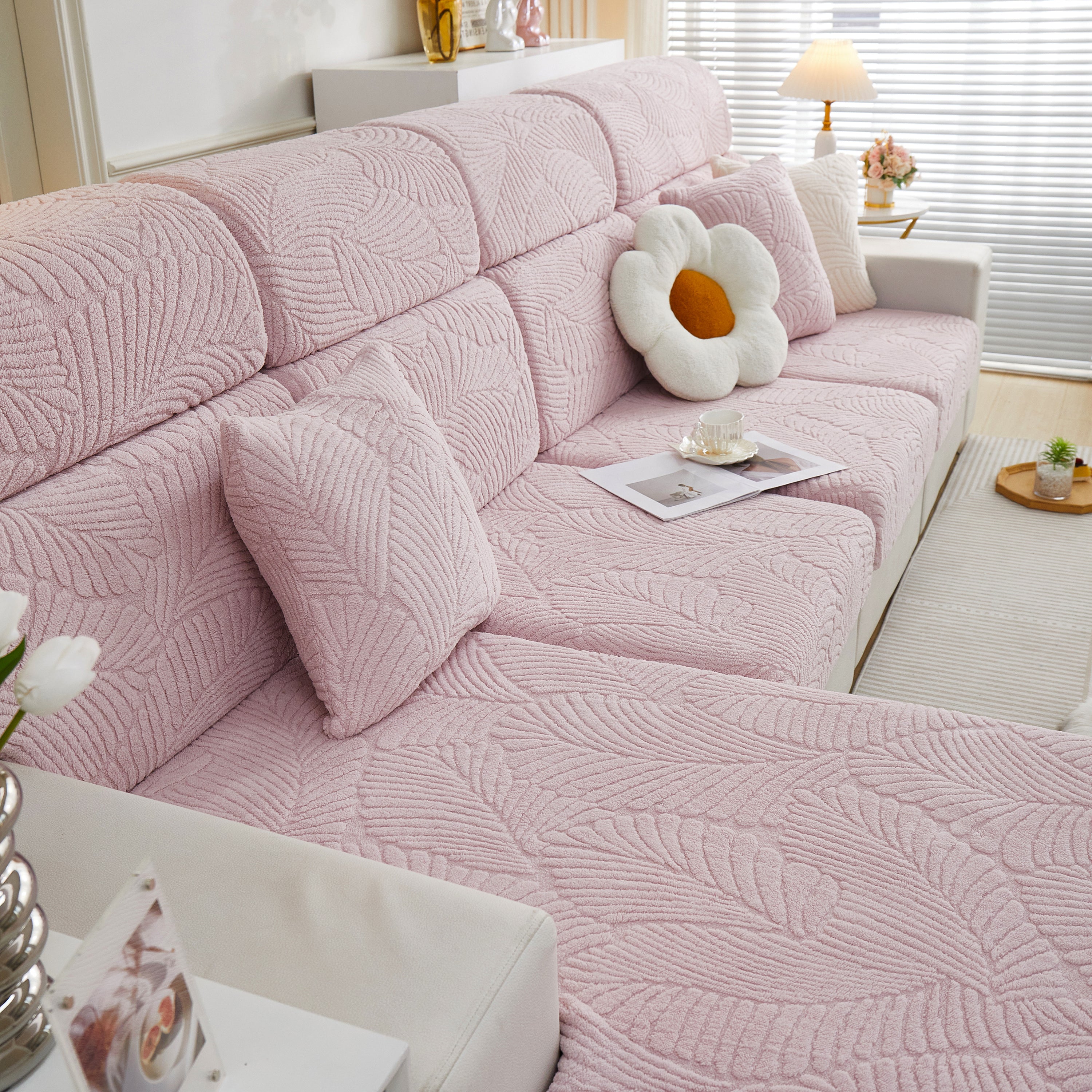 Cozy Plush Coral Fleece Sofa Cushion Slipcovers, Stretch Leaves Cushion Covers, Furniture Slipcovers