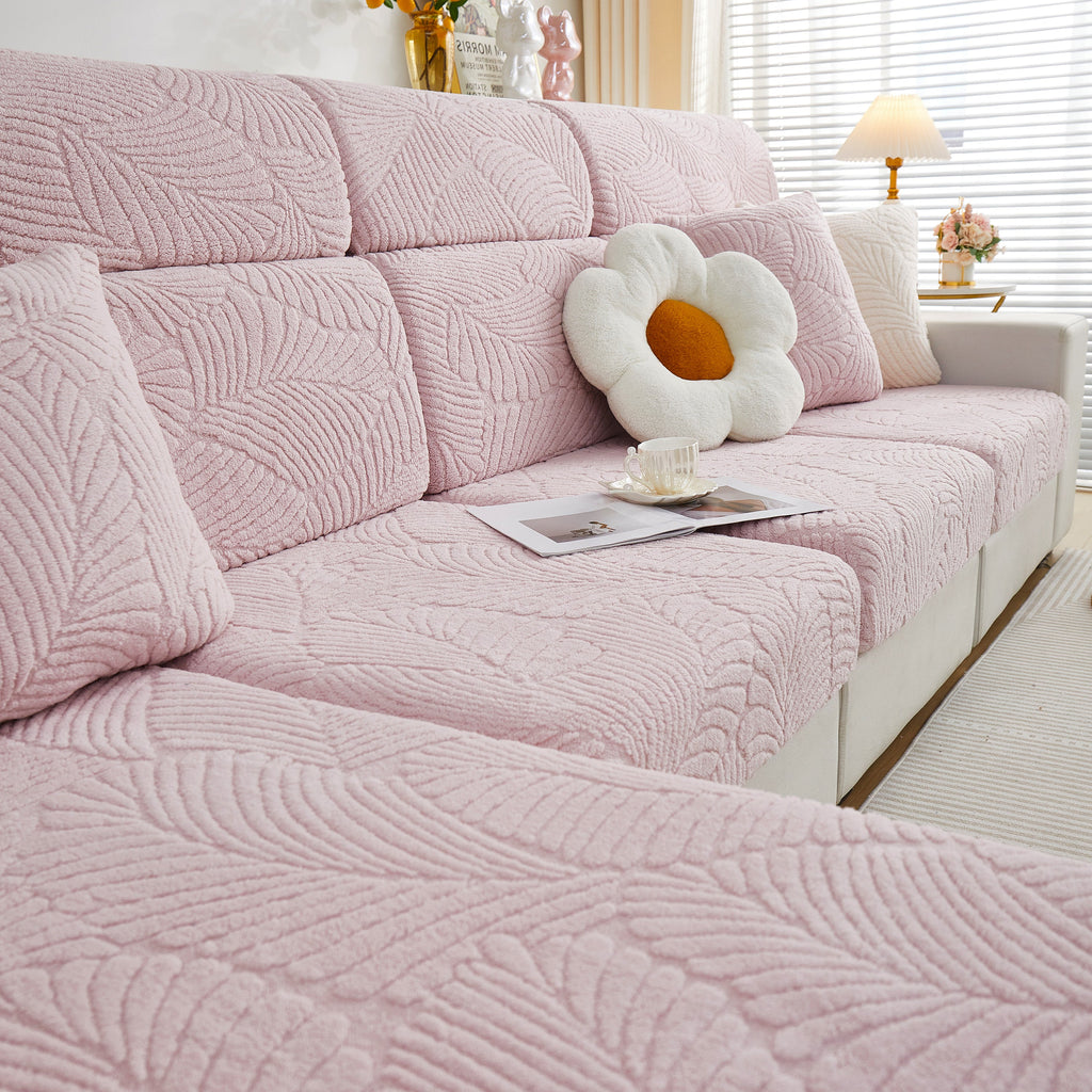 Cozy Plush Coral Fleece Sofa Cushion Slipcovers, Stretch Leaves Cushion Covers, Furniture Slipcovers