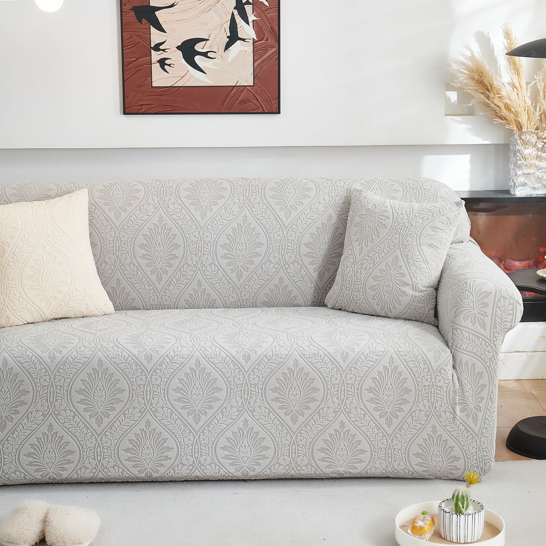 3D Baroque Floral Stretch Sofa Cover Elastic Polar Fleece Couch Slipcover with Straps