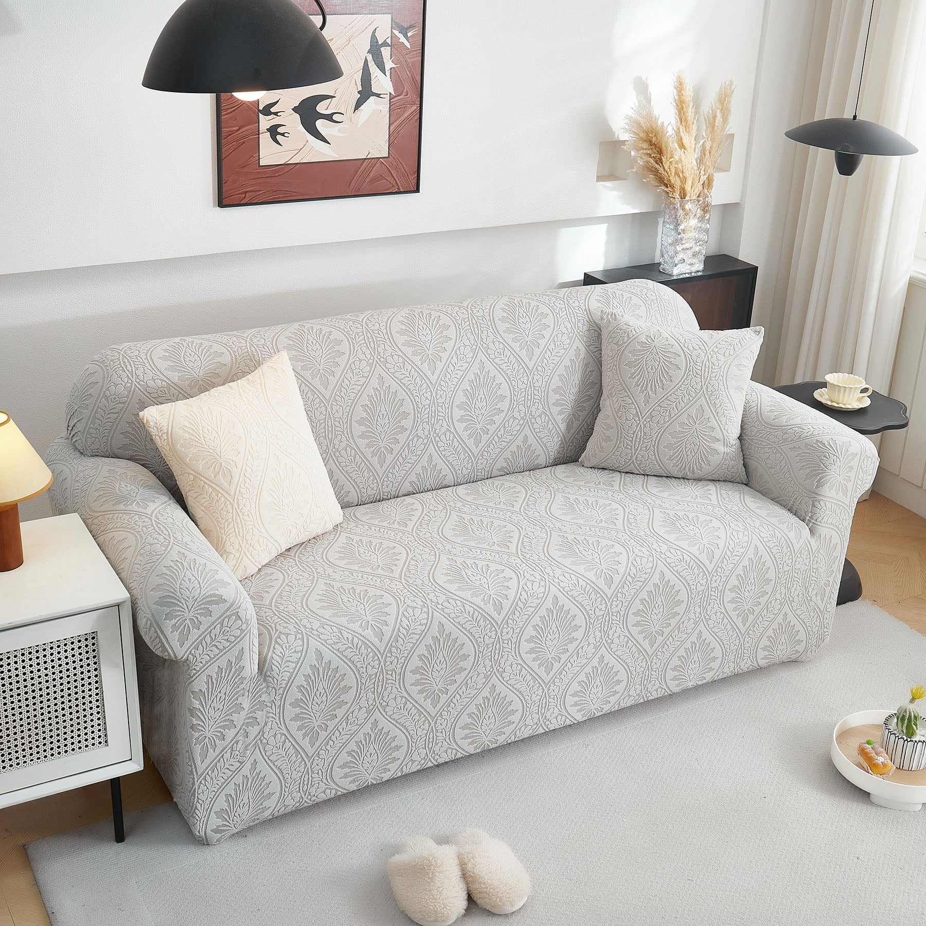 3D Baroque Floral Stretch Sofa Cover Elastic Polar Fleece Couch Slipcover with Straps
