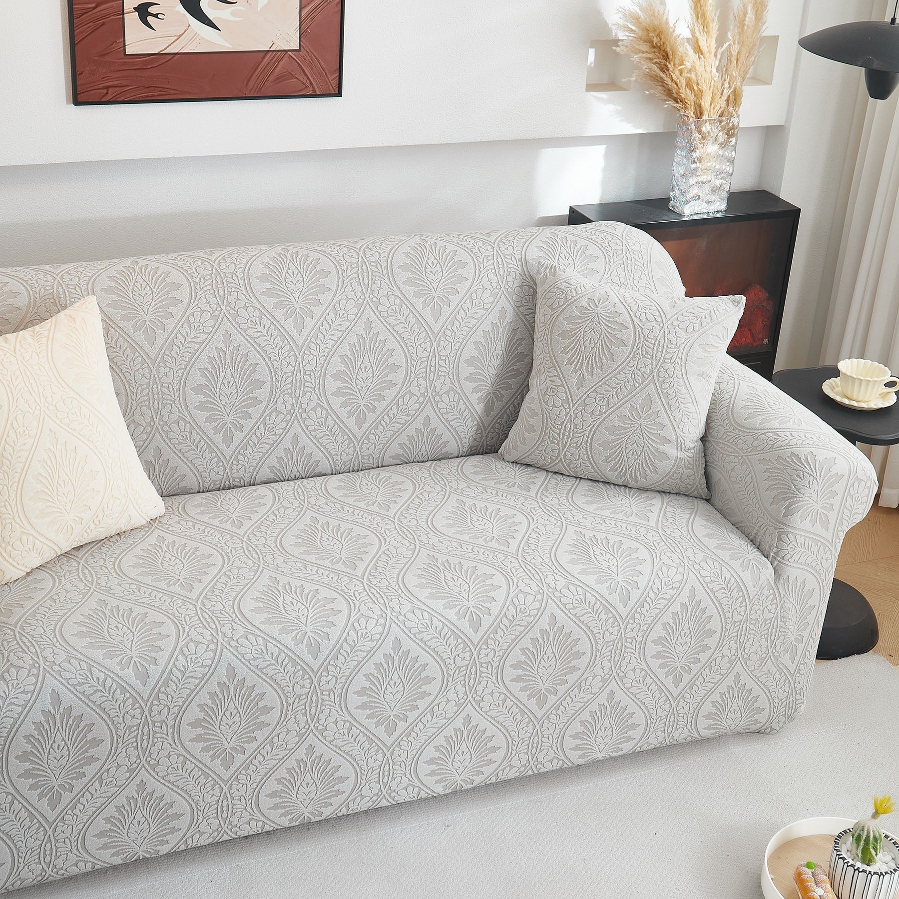 3D Baroque Floral Stretch Sofa Cover Elastic Polar Fleece Couch Slipcover with Straps