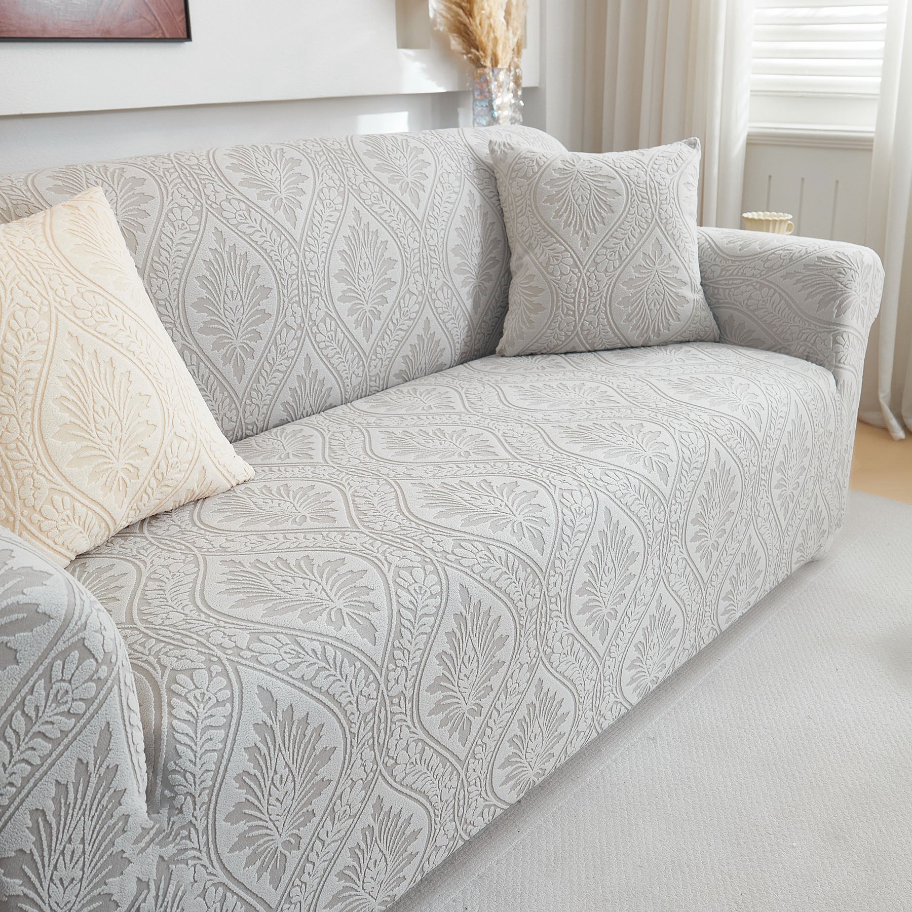 3D Baroque Floral Stretch Sofa Cover Elastic Polar Fleece Couch Slipcover with Straps