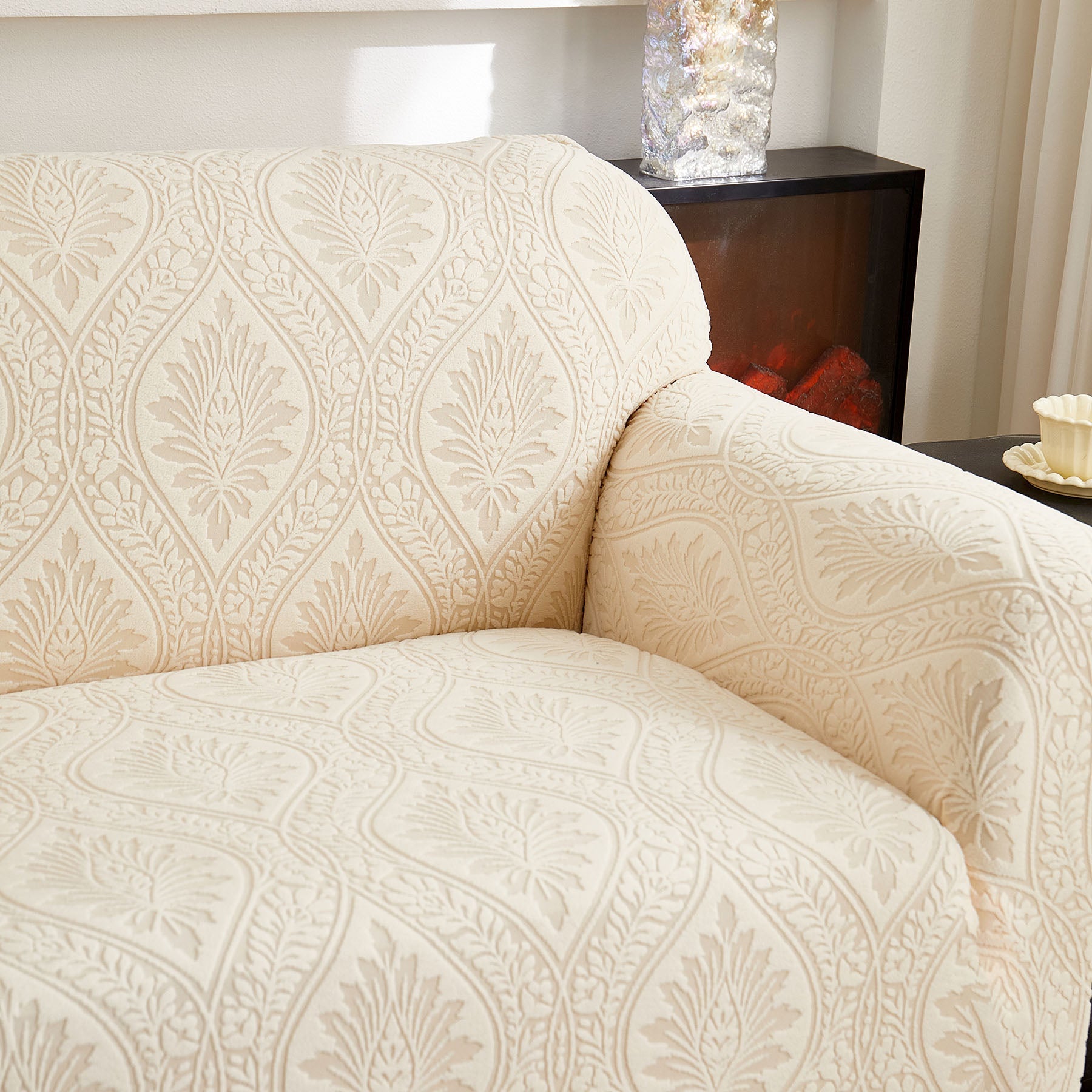 3D Baroque Floral Stretch Sofa Cover Elastic Polar Fleece Couch Slipcover with Straps