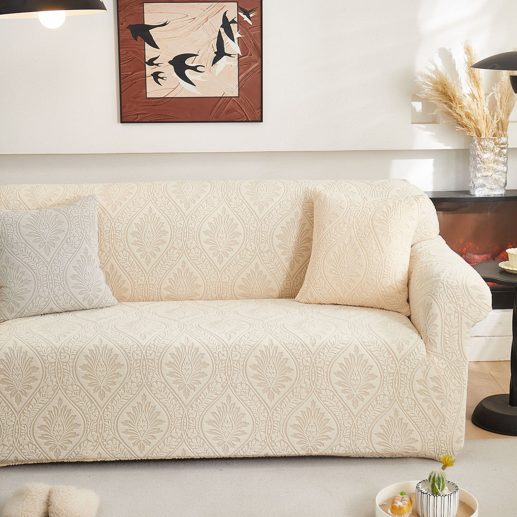 3D Baroque Floral Stretch Sofa Cover Elastic Polar Fleece Couch Slipcover with Straps