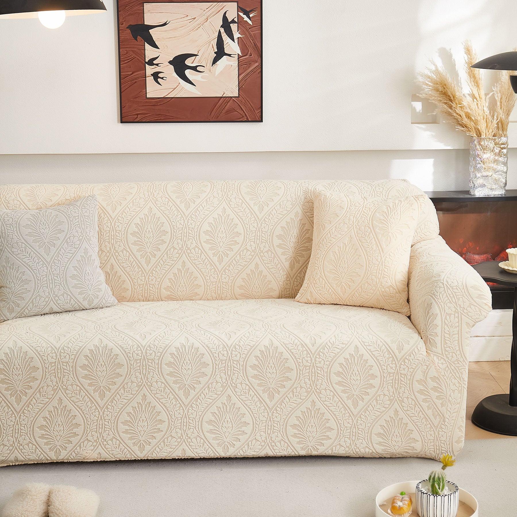 3D Baroque Floral Stretch Sofa Cover Elastic Polar Fleece Couch Slipcover with Straps