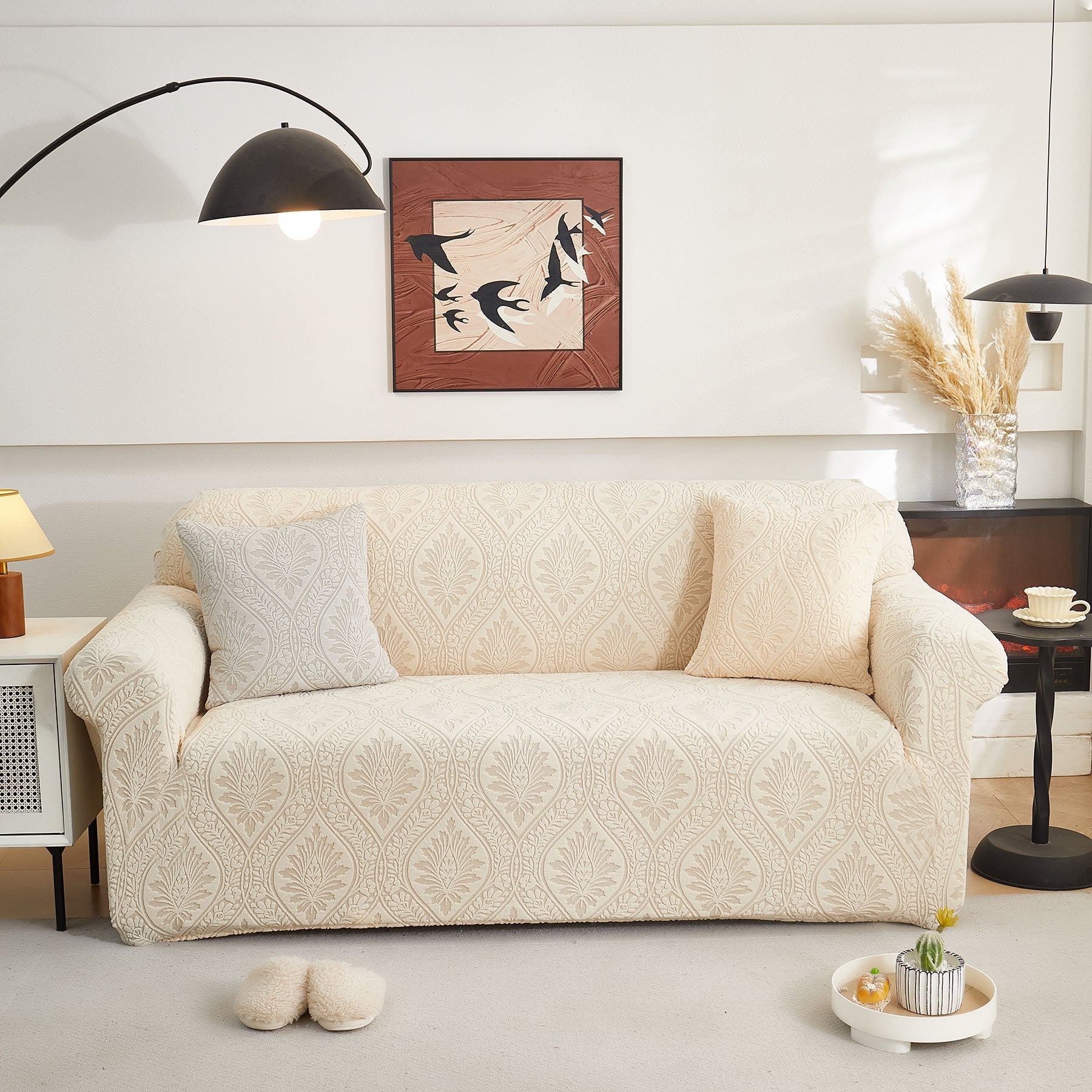 3D Baroque Floral Stretch Sofa Cover Elastic Polar Fleece Couch Slipcover with Straps
