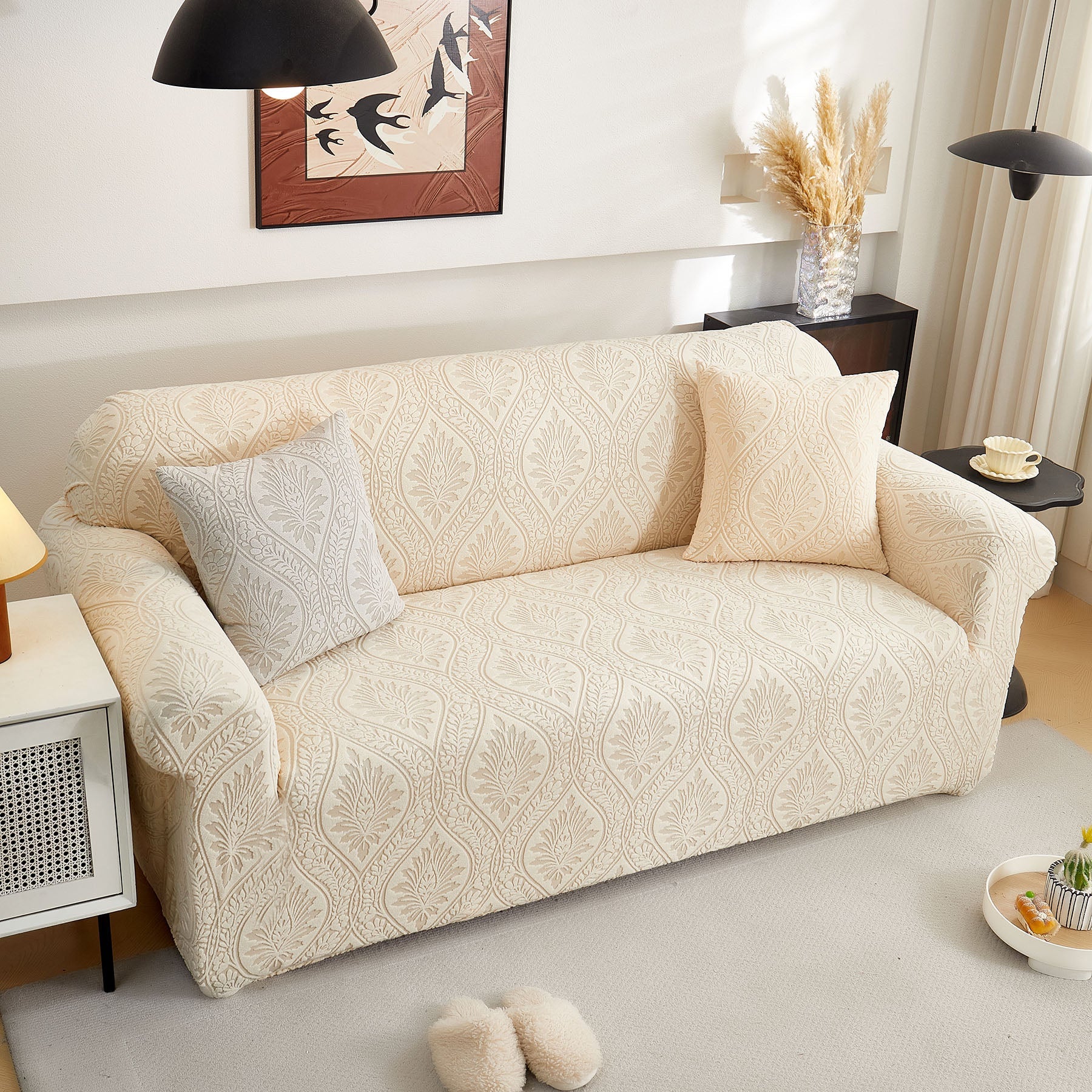 3D Baroque Floral Stretch Sofa Cover Elastic Polar Fleece Couch Slipcover with Straps