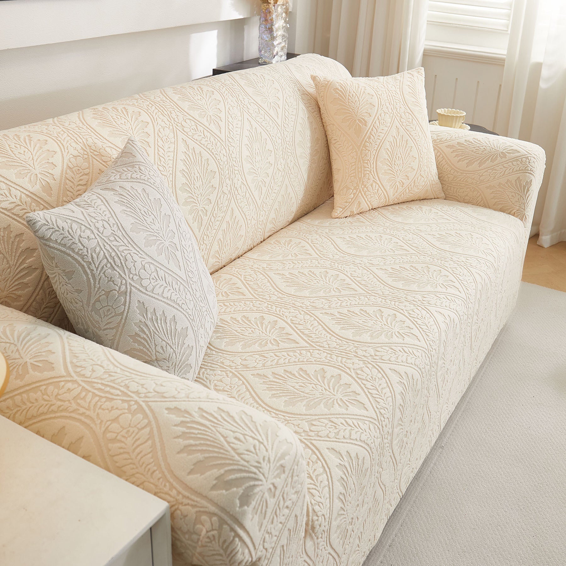 3D Baroque Floral Stretch Sofa Cover Elastic Polar Fleece Couch Slipcover with Straps