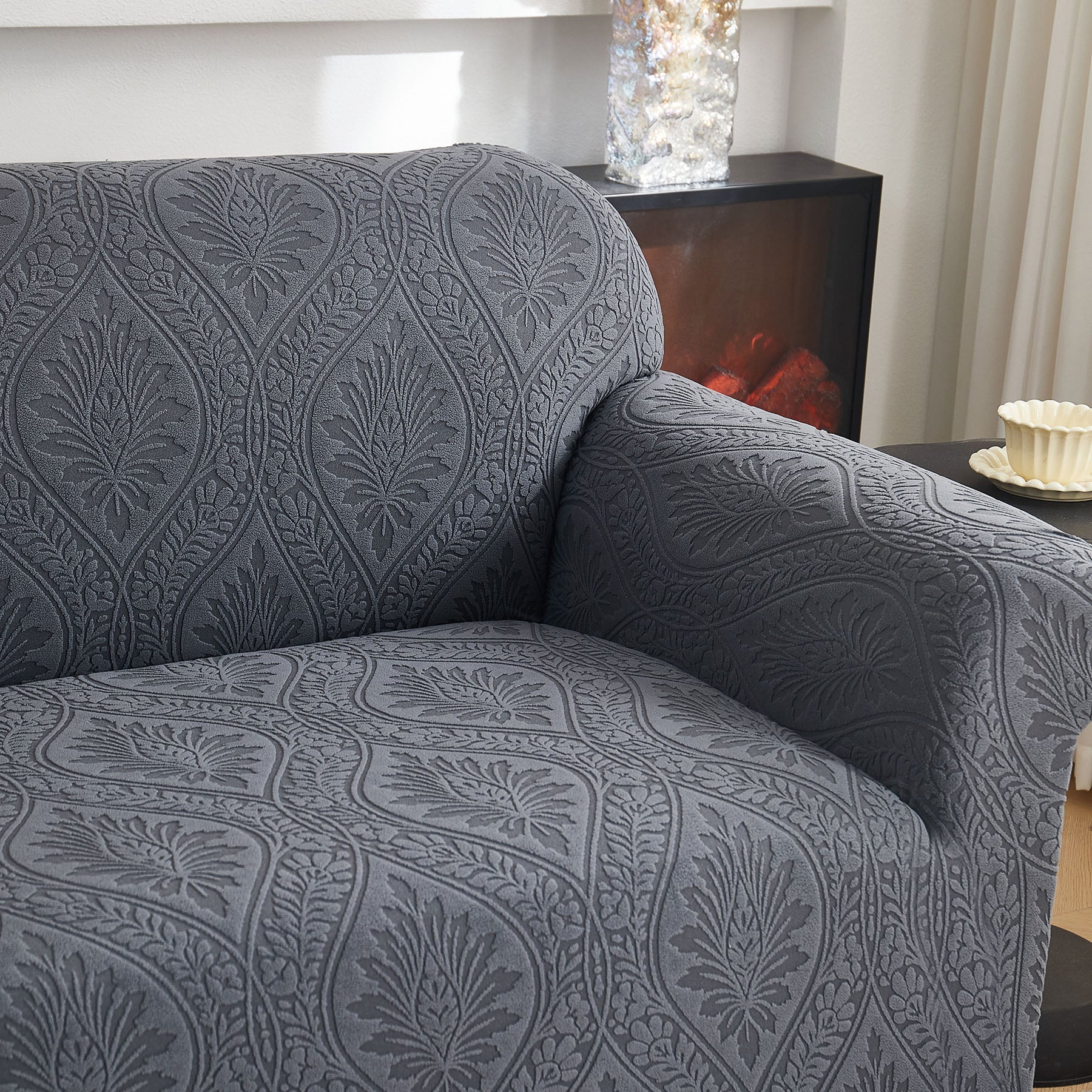 3D Baroque Floral Stretch Sofa Cover Elastic Polar Fleece Couch Slipcover with Straps